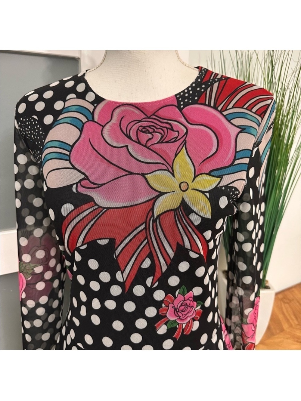 Floral Polka Dot Long-Sleeve Fit & Flare Dress - Black with Pink Accents - Picture 3 of 5